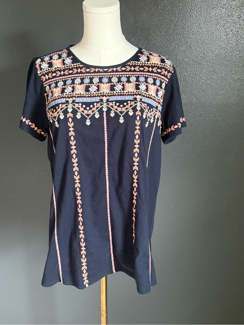 J. Jill Navy Short-Sleeve Tee with Peach and Light Blue Embroidery